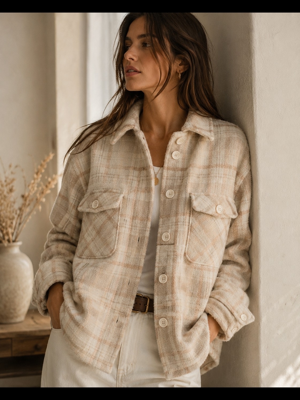TWIK by Simons Plaid Oversized Shacket – Cream Beige & Soft Peach – Size S
